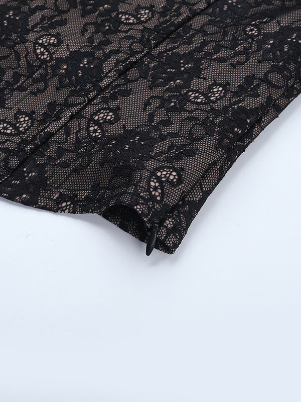 Black Lace Corset Style Crop Top For Women - Gothic Long Sleeve Sweetheart Bustier Blouse - Spring Night Out Party 2026