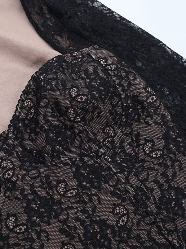 Black Lace Corset Style Crop Top For Women - Gothic Long Sleeve Sweetheart Bustier Blouse - Spring Night Out Party 2026