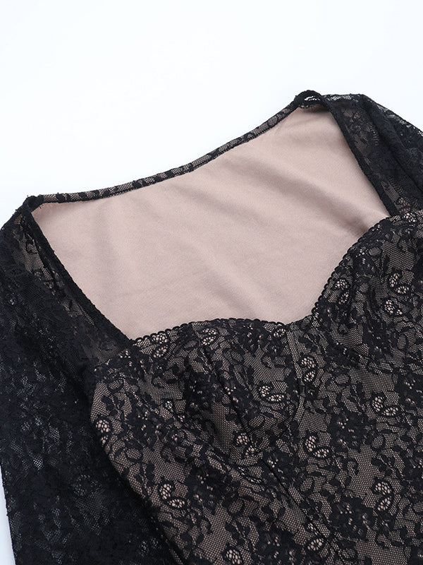 Black Lace Corset Style Crop Top For Women - Gothic Long Sleeve Sweetheart Bustier Blouse - Spring Night Out Party 2026