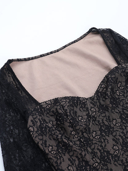 Black Lace Corset Style Crop Top For Women - Gothic Long Sleeve Sweetheart Bustier Blouse - Spring Night Out Party 2026