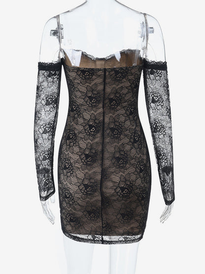 Lace Corset Dress For Women - Black Off Shoulder Long Sleeve Bodycon Mini Dress - Spring Clubwear Evening Party 2026