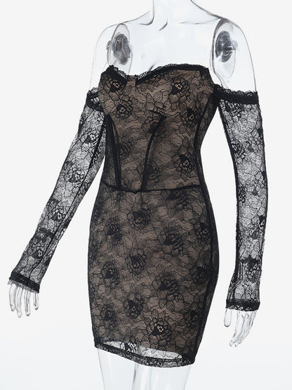 Lace Corset Dress For Women - Black Off Shoulder Long Sleeve Bodycon Mini Dress - Spring Clubwear Evening Party 2026