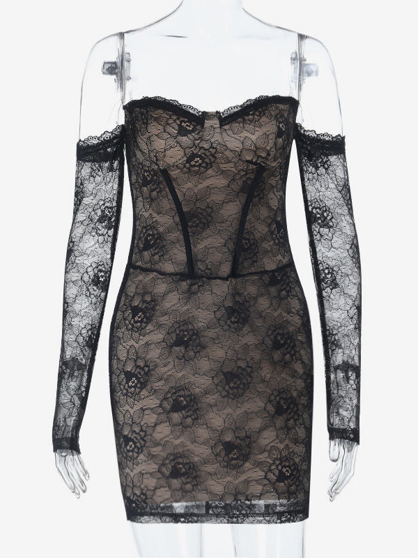 Lace Corset Dress For Women - Black Off Shoulder Long Sleeve Bodycon Mini Dress - Spring Clubwear Evening Party 2026