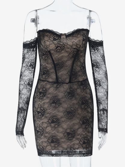 Lace Corset Dress For Women - Black Off Shoulder Long Sleeve Bodycon Mini Dress - Spring Clubwear Evening Party 2026