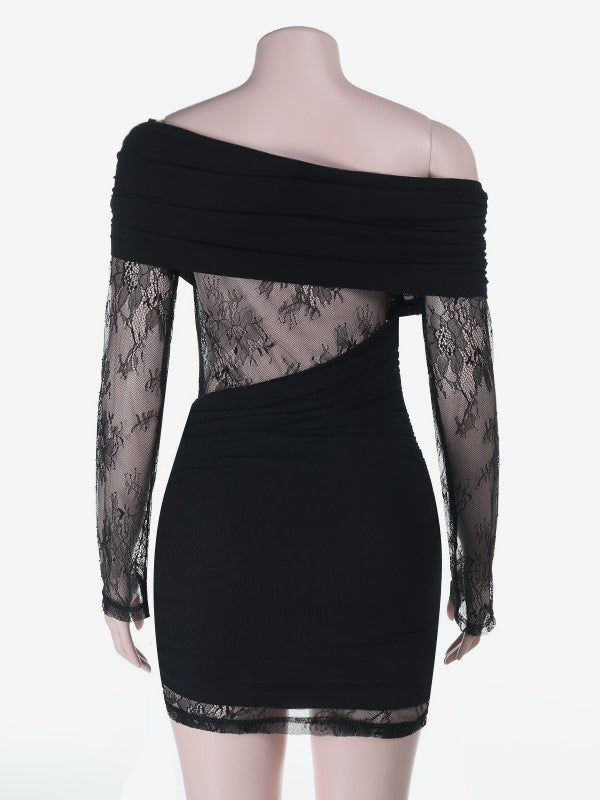Ruched Lace Patchwork Mini Dress For Women - Black Off Shoulder Bodycon - Spring Club Night Out 2026