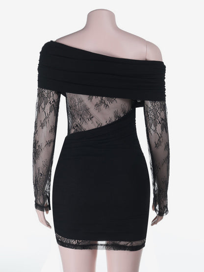 Ruched Lace Patchwork Mini Dress For Women - Black Off Shoulder Bodycon - Spring Club Night Out 2026