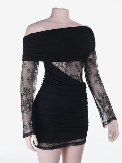 Ruched Lace Patchwork Mini Dress For Women - Black Off Shoulder Bodycon - Spring Club Night Out 2026