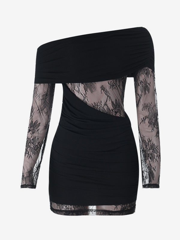 Ruched Lace Patchwork Mini Dress For Women - Black Off Shoulder Bodycon - Spring Club Night Out 2026