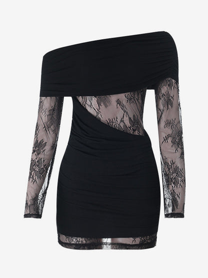 Ruched Lace Patchwork Mini Dress For Women - Black Off Shoulder Bodycon - Spring Club Night Out 2026
