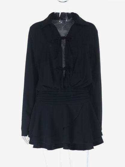 Tie Front Cutout Shirt Dress For Women - Black Long Sleeve Ruffle Hem Mini Dress - Spring Streetwear 2026
