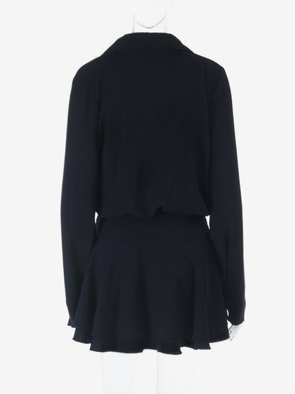 Tie Front Cutout Shirt Dress For Women - Black Long Sleeve Ruffle Hem Mini Dress - Spring Streetwear 2026