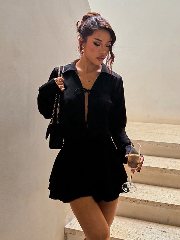 Tie Front Cutout Shirt Dress For Women - Black Long Sleeve Ruffle Hem Mini Dress - Spring Streetwear 2026