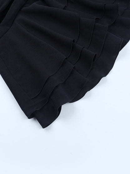 Tie Front Cutout Shirt Dress For Women - Black Long Sleeve Ruffle Hem Mini Dress - Spring Streetwear 2026