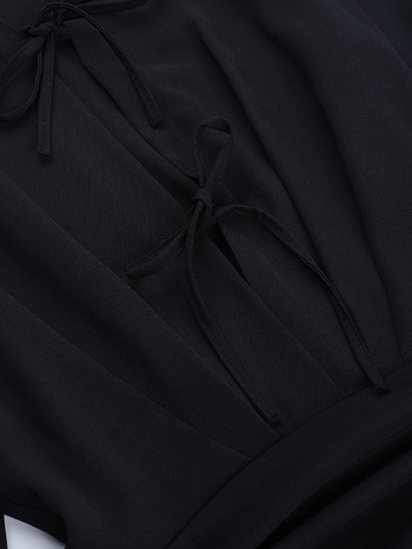 Tie Front Cutout Shirt Dress For Women - Black Long Sleeve Ruffle Hem Mini Dress - Spring Streetwear 2026