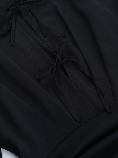 Tie Front Cutout Shirt Dress For Women - Black Long Sleeve Ruffle Hem Mini Dress - Spring Streetwear 2026