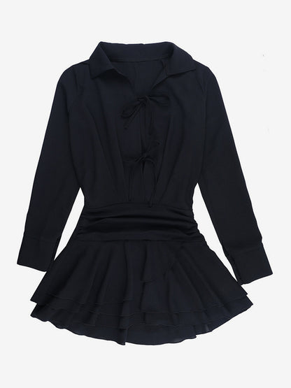 Tie Front Cutout Shirt Dress For Women - Black Long Sleeve Ruffle Hem Mini Dress - Spring Streetwear 2026