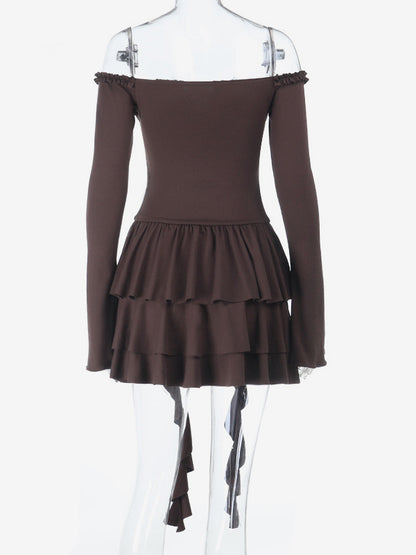 Tiered Ruffle Dress For Women - Coffee Brown Off Shoulder Long Sleeve Balletcore Mini Dress - Spring Birthday Party 2026