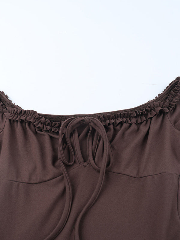 Tiered Ruffle Dress For Women - Coffee Brown Off Shoulder Long Sleeve Balletcore Mini Dress - Spring Birthday Party 2026