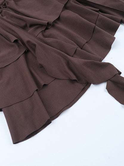 Tiered Ruffle Dress For Women - Coffee Brown Off Shoulder Long Sleeve Balletcore Mini Dress - Spring Birthday Party 2026