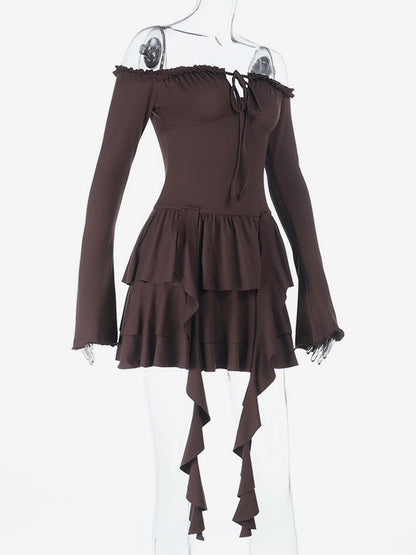 Tiered Ruffle Dress For Women - Coffee Brown Off Shoulder Long Sleeve Balletcore Mini Dress - Spring Birthday Party 2026