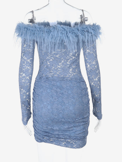 Faux Fur Trim Lace Mini Dress For Women - Dusty Blue Sexy Ruched Long Sleeve Bodycon - Spring Wedding Guest Party Dress 2026