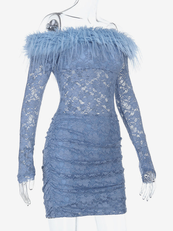 Faux Fur Trim Lace Mini Dress For Women - Dusty Blue Sexy Ruched Long Sleeve Bodycon - Spring Wedding Guest Party Dress 2026