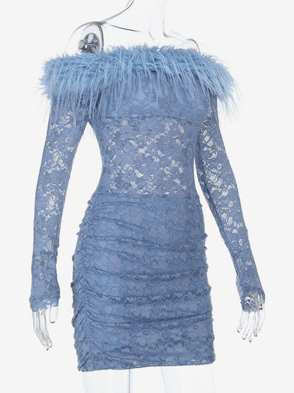 Faux Fur Trim Lace Mini Dress For Women - Dusty Blue Sexy Ruched Long Sleeve Bodycon - Spring Wedding Guest Party Dress 2026