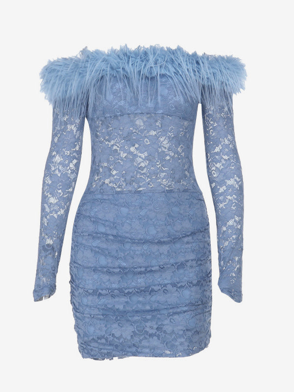 Faux Fur Trim Lace Mini Dress For Women - Dusty Blue Sexy Ruched Long Sleeve Bodycon - Spring Wedding Guest Party Dress 2026