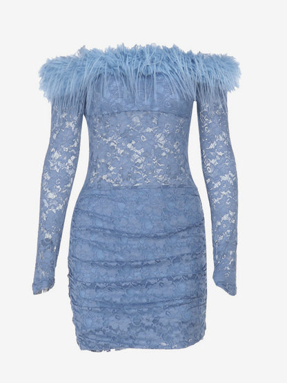 Faux Fur Trim Lace Mini Dress For Women - Dusty Blue Sexy Ruched Long Sleeve Bodycon - Spring Wedding Guest Party Dress 2026
