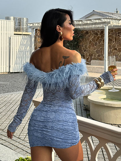 Faux Fur Trim Lace Mini Dress For Women - Dusty Blue Sexy Ruched Long Sleeve Bodycon - Spring Wedding Guest Party Dress 2026