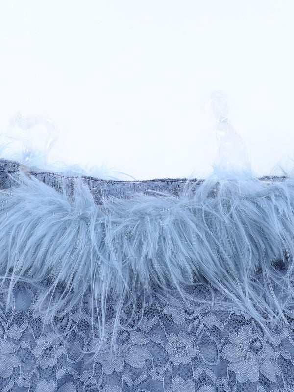 Faux Fur Trim Lace Mini Dress For Women - Dusty Blue Sexy Ruched Long Sleeve Bodycon - Spring Wedding Guest Party Dress 2026