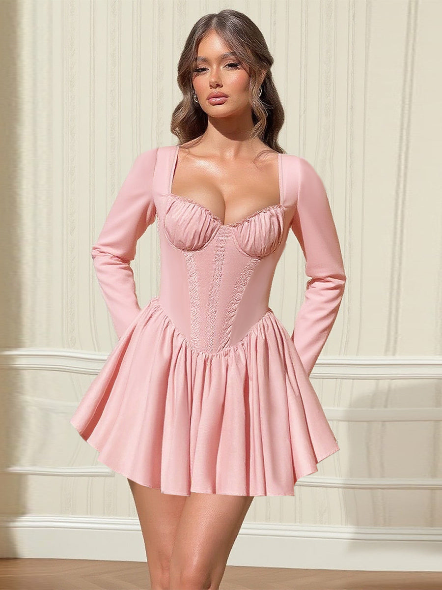 Pink A Line Corset Style Mini Dress For Women - Coquette Lace Patchwork Long Sleeve - Spring Birthday Party 2026