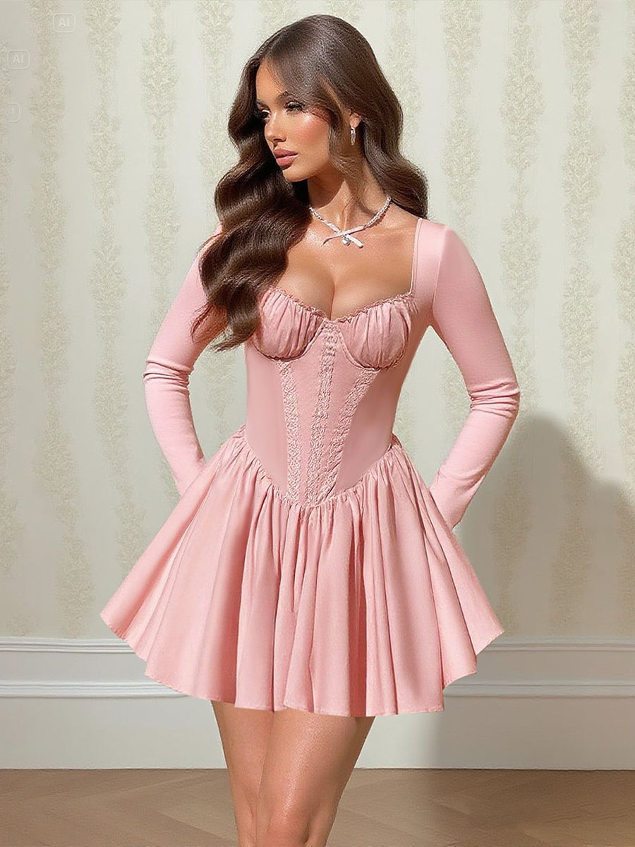 Pink A Line Corset Style Mini Dress For Women - Coquette Lace Patchwork Long Sleeve - Spring Birthday Party 2026