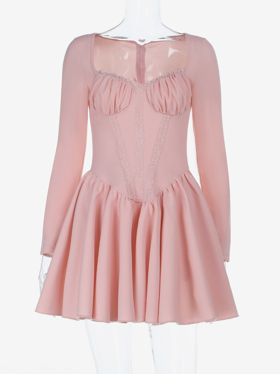 Pink A Line Corset Style Mini Dress For Women - Coquette Lace Patchwork Long Sleeve - Spring Birthday Party 2026