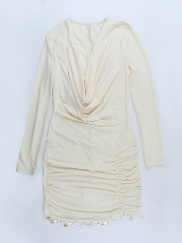 Cowl Neck Ruched Mini Dress For Women- Cream Sexy Long Sleeve Fringe Bodycon - Spring Cocktail Party 2026