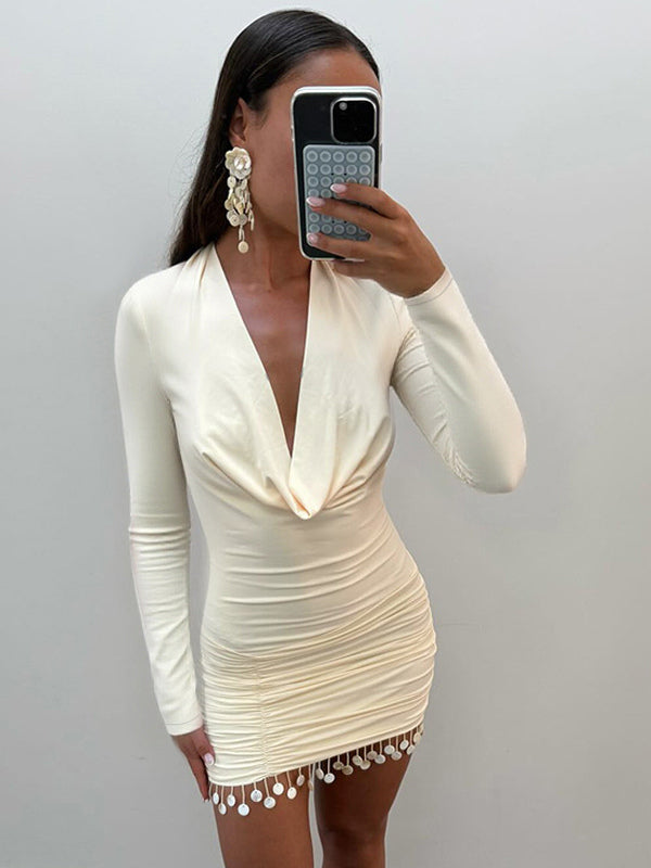 Cowl Neck Ruched Mini Dress For Women- Cream Sexy Long Sleeve Fringe Bodycon - Spring Cocktail Party 2026