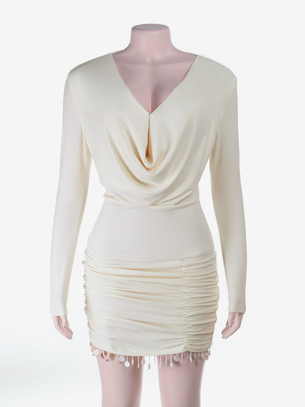 Cowl Neck Ruched Mini Dress For Women- Cream Sexy Long Sleeve Fringe Bodycon - Spring Cocktail Party 2026