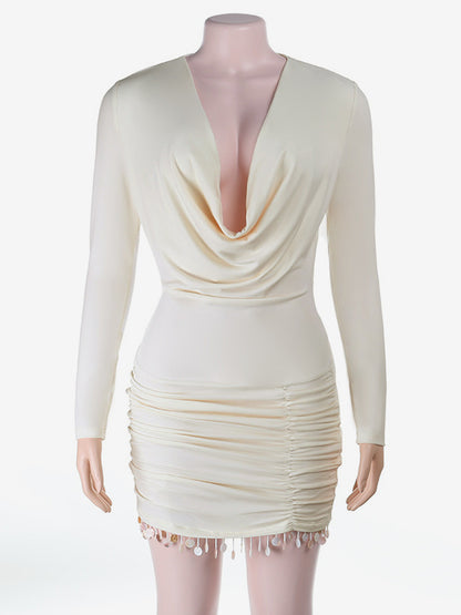Cowl Neck Ruched Mini Dress For Women- Cream Sexy Long Sleeve Fringe Bodycon - Spring Cocktail Party 2026