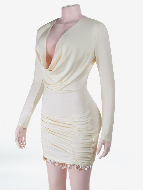 Cowl Neck Ruched Mini Dress For Women- Cream Sexy Long Sleeve Fringe Bodycon - Spring Cocktail Party 2026