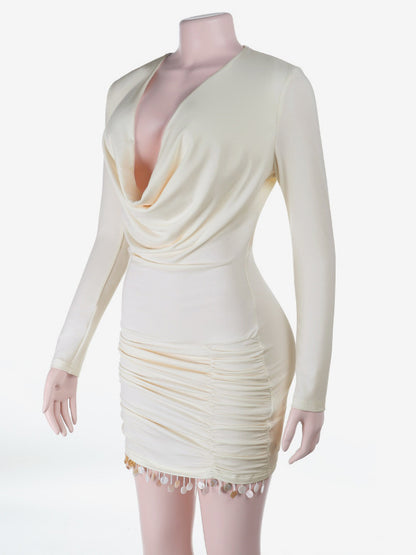 Cowl Neck Ruched Mini Dress For Women- Cream Sexy Long Sleeve Fringe Bodycon - Spring Cocktail Party 2026