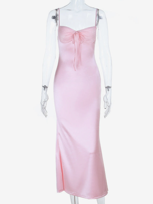 Pastel Pink Coquette Slip Dress For Women - Bow Front Midi Cami Gown - Spring Date Night Outfits 2026