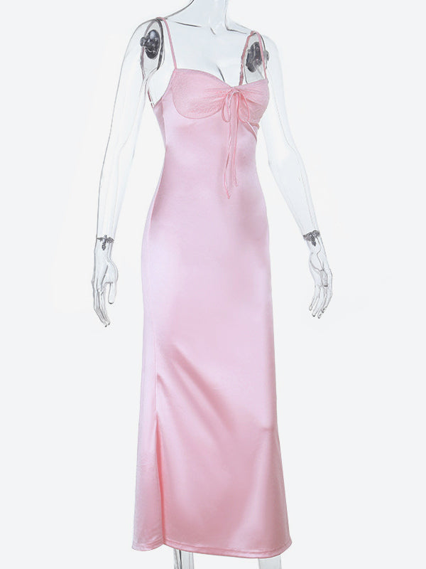 Pastel Pink Coquette Slip Dress For Women - Bow Front Midi Cami Gown - Spring Date Night Outfits 2026