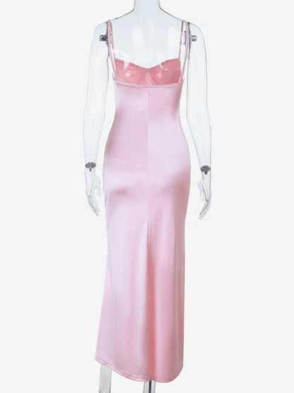 Pastel Pink Coquette Slip Dress For Women - Bow Front Midi Cami Gown - Spring Date Night Outfits 2026