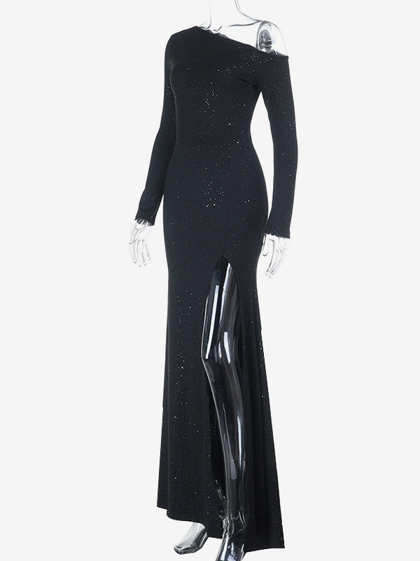 Glitter One Shoulder Maxi Dress For Women - Black Sparkly High Slit Slim Fit Gown - Spring Gala Prom Party Outfits 2026