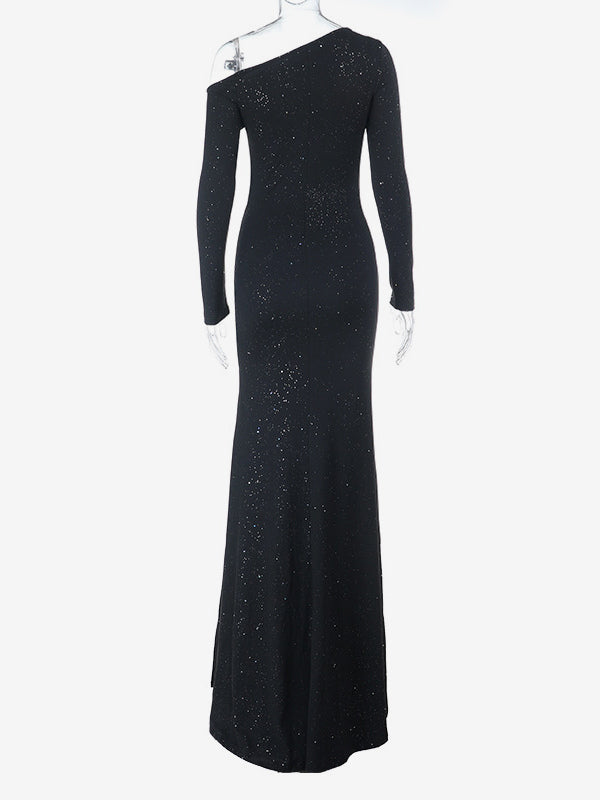 Glitter One Shoulder Maxi Dress For Women - Black Sparkly High Slit Slim Fit Gown - Spring Gala Prom Party Outfits 2026