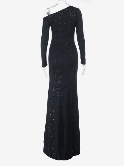 Glitter One Shoulder Maxi Dress For Women - Black Sparkly High Slit Slim Fit Gown - Spring Gala Prom Party Outfits 2026