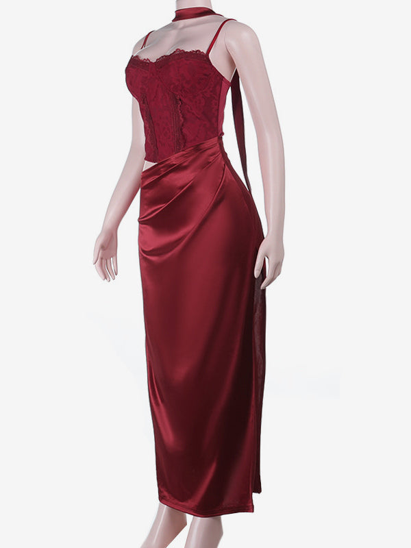 Corset Style Lace Maxi Dress For Women - Drape Ruched Bodycon Gown - Spring Evening Party Outfits 2026