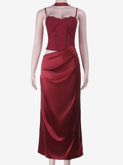 Corset Style Lace Maxi Dress For Women - Drape Ruched Bodycon Gown - Spring Evening Party Outfits 2026