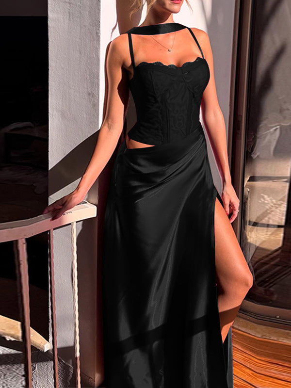 Corset Style Lace Maxi Dress For Women - Drape Ruched Bodycon Gown - Spring Evening Party Outfits 2026