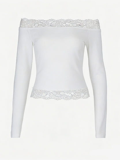 Off Shoulder Lace Trim Crop Top For Women - Long Sleeve Slim Fit Y2K Blouse - Spring Streetwear 2026